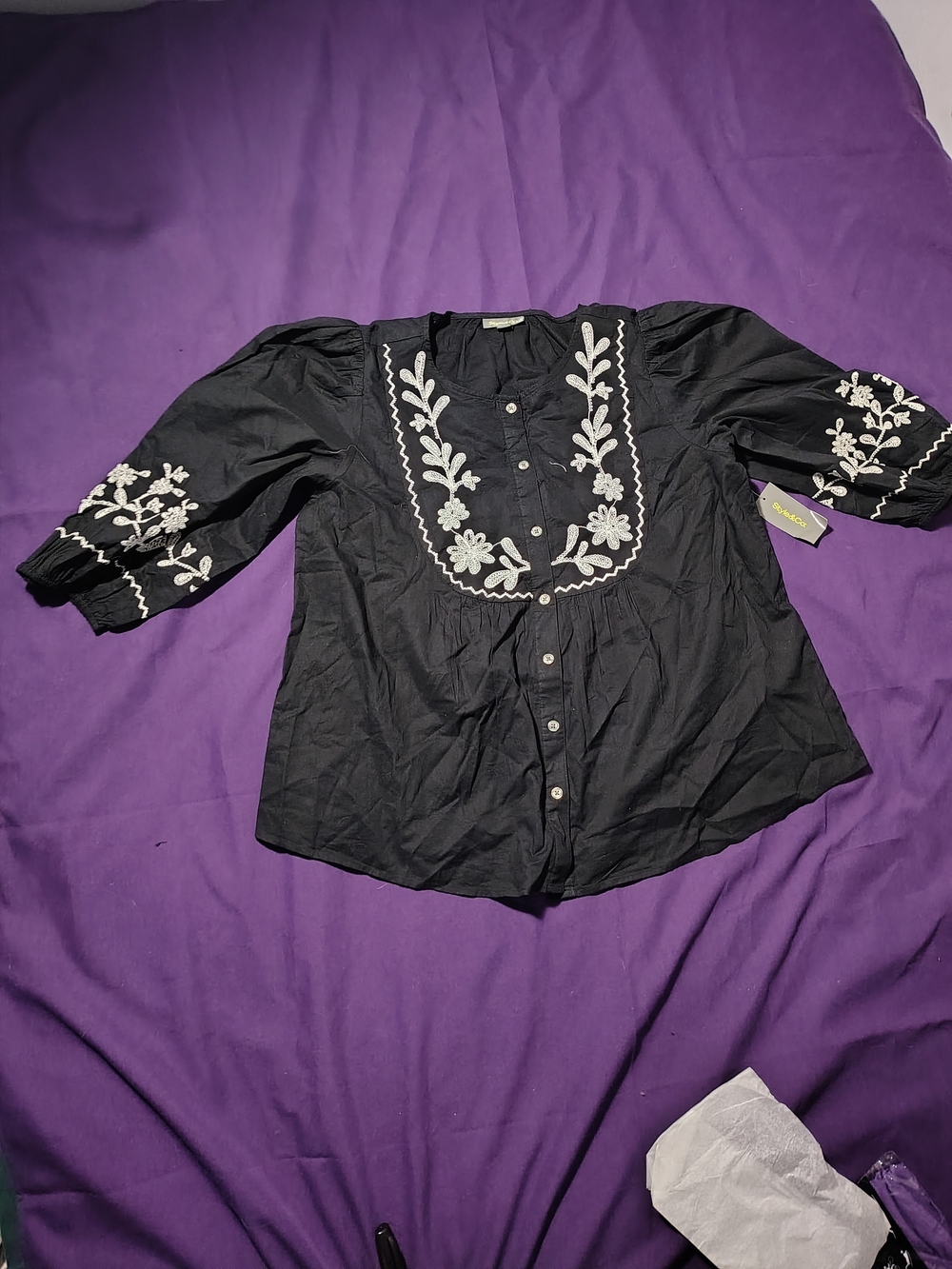 Style & Co. Black Button-Front Embroidered Peasant Blouse